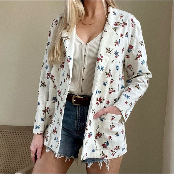 Vintage Floral Print Flax Blazer Jacket in Beige - Picture 1 of 4